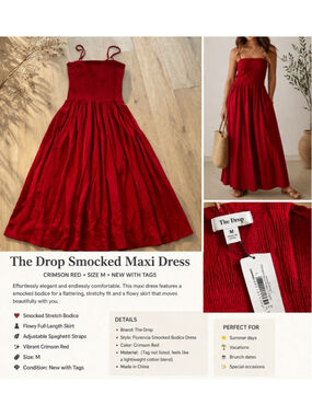 The Drop Smocked Maxi Dress Crimson Red Size M NWT